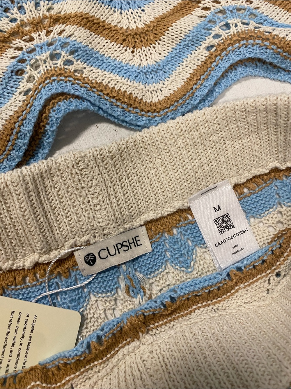 Cupshe Women’s Blue Tan & Cream Crochet Stripe Two-Piece Set - Picture 2 of 8